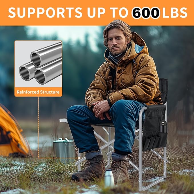 MOPHOTO Heated Camping Chair Portable Directors Chair with 3 Heat Levels Outdoor Heating Folding Camp Chairs with Side Table Pocket for Camping Fishing Picnic Lawn