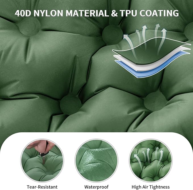 Camping Double Sleeping Pad Self Inflating Sleeping Mat with Pillow Built-in Foot Pump 2 Person Portable Camping Air Mattress for Backpacking Hiking Traveling Tent(Green)