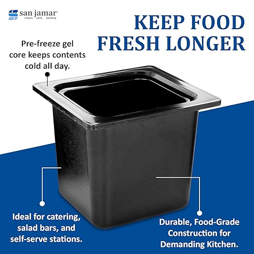 San Jamar Chill-It 1/6 Size Food Pan Insulated Food Pan for Kitchens and Restaurants Plastic 6.5 Inches Deep Black