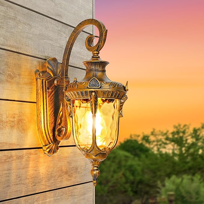 Outdoor Wall Lights Waterproof Aluminum Porch Wall Light for Outside House Patio Yard Garden Gold Gooseneck Exterior Wall Sconce Hardwired Outdoor Acorn Shape Lantern Water Ripple Glass 2pack