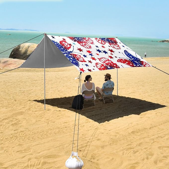 American Flag with Butterflies Beach Tent Sun Shelter 9.2' x 10.5' Beach Canopy with 4 Sandbags 4 Stability Poles Sand Shovels - Tent Canopy for Beach Camping Fishing Picnics
