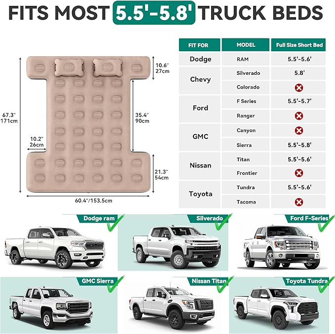 YITAHOME Truck Bed Air Mattress for 5.5-5.8 ft Short Beds Portable Inflatable Car Camping Mattress with Pump Pillows &amp Carry Bag for Travel Outdoor &amp Road Trips Black &amp Brown