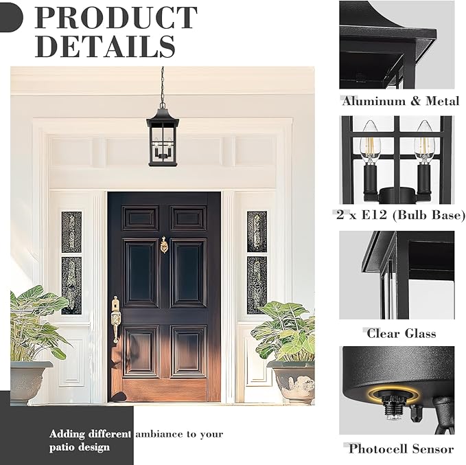 Emliviar Dusk to Dawn 2-Light Large Porch Light Outside Chandelier for Yard 15.4 Black Hanging Lantern Light Fixture with E12 Base Clear Glass YXE306H-M-PC BK