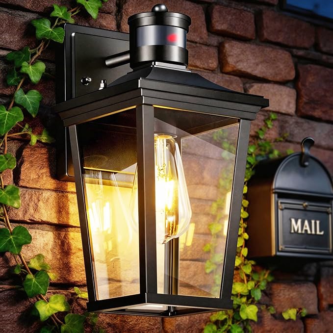  Motion Sensor Porch Light Dusk to Dawn Outdoor Wall Lantern Black Exterior Sconce Lighting Fixtures Modern Outside Wall Mount Coach Lamp 100% Anti-Rust Aluminum for House Garage Patio Front Door