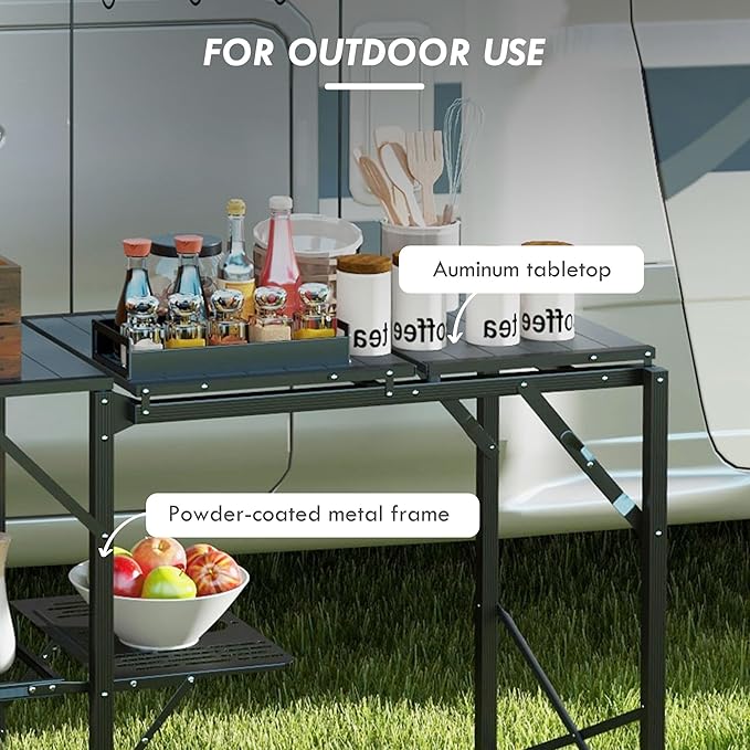 Outsunny Folding Camp Kitchen Table Portable Camping Cooking Station with Adjustable Lantern Holder Hanging Hooks and Carrying Bag for Outdoor Picnic Beach BBQ Traveling