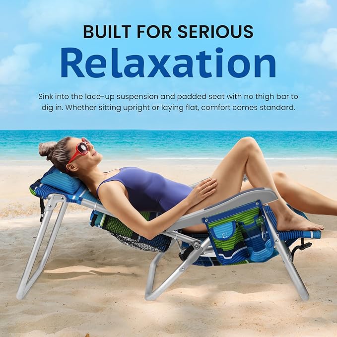 Homevative Cooler+ Folding Backpack Beach Chair with 5 Positions Towel bar XL Cooler Pouch Storage Net Cup and Phone Holder Deep Sea 2 Pack