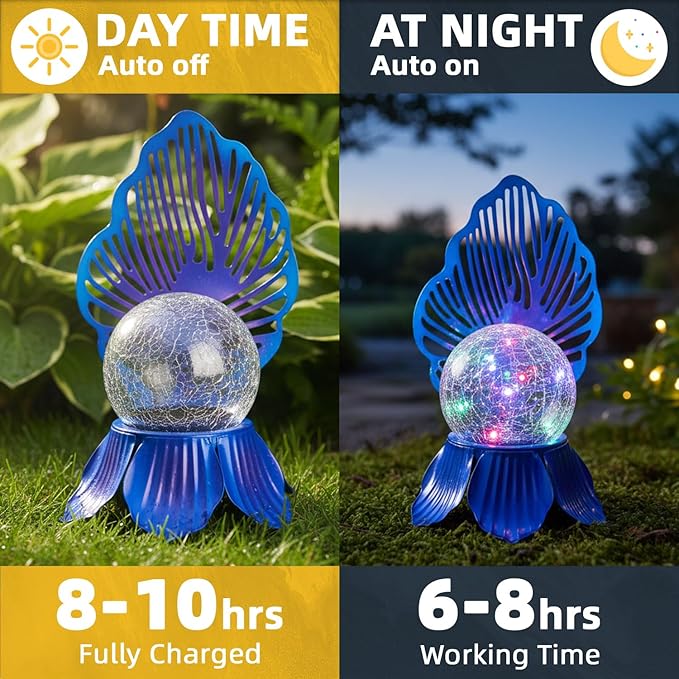 Solar Lights Outdoor Flower Garden Decor with Crackle Glass Globe Lights Metal Flowers for Outside Yard Lawn Patio Porch Pathway Tabletop Housewarming Gifts for Mom Women