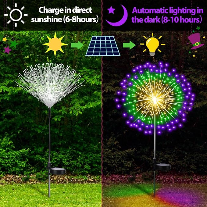 4th of July Decorations Outdoor 4 Pack Colored Solar Firework Lights with 180 LED Patriotic Solar Lights 8 Lighting Modes for Yard Pathway Garden Patio Party Decorations(Green Yellow Purple)
