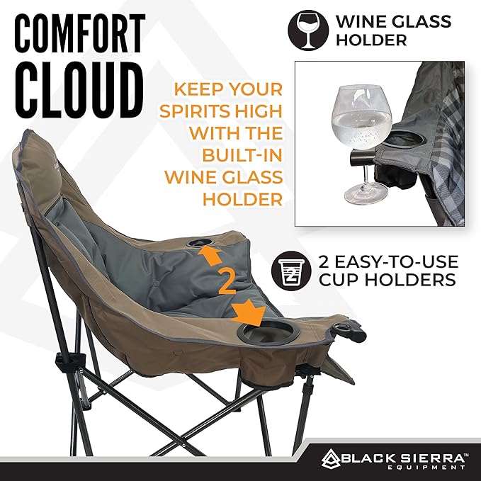 Black Sierra Oversized Camping Chair for Adults – 400 lb Heavy Duty Folding Chair with Cup Holders &amp Carry Bag