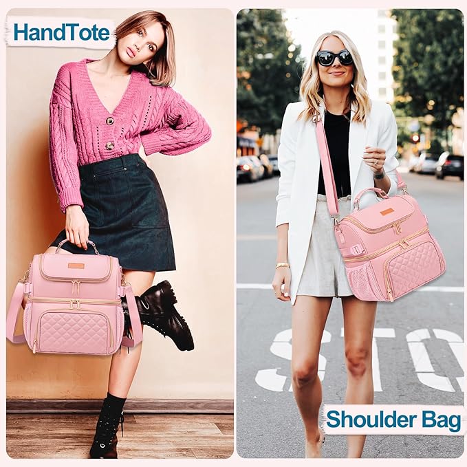 Lunch Bags for Women Dual Compartment Lunch Box Lunch Bag for Work Leakproof Lunch Cooler Large Insulated Lunchbox for Adult for Women Men Lunchbag for Picnic Beach (Pink)