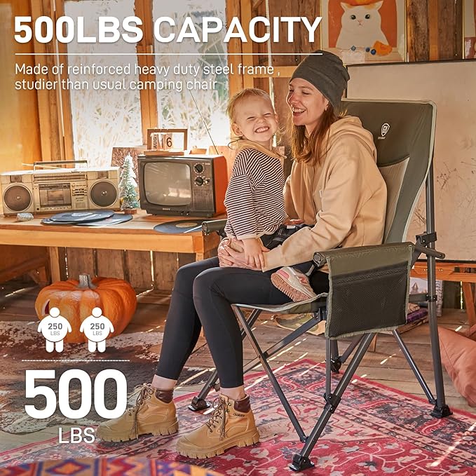 EVER ADVANCED Oversized Folding Camping Chair for Adults Heavy Duty Lawn Chair with Side Pockets Portable Collapsible Quad Chair for Outside Support Up to 500lbs Green 2Pack