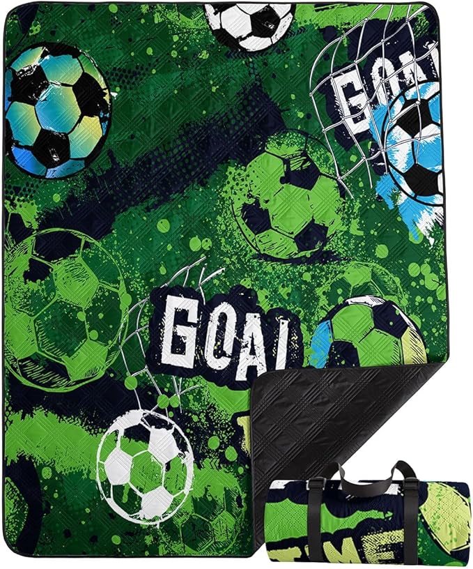 Outdoor Picnic Blanket Portable Ultrasonic Waterproof Picnic Cartoon Soccer Green Printed Camping Beach Mat for Sand and Wet Grass Hiking (Cartoon Soccer L