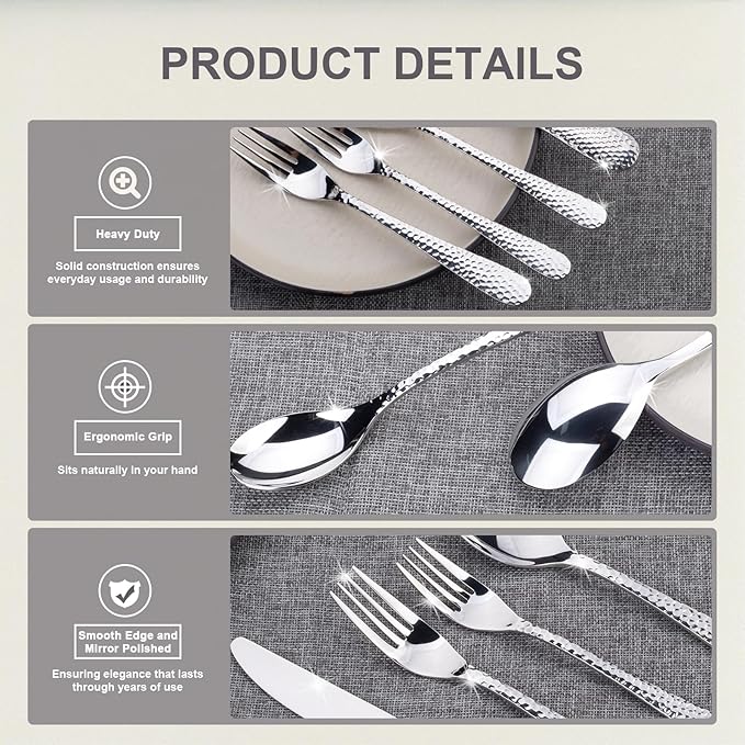 Hammered Silverware Set 30-Piece Flatware Cutlery Set Service for 6 Modern Heavy Duty Design 18/10 Stainless Steel Utensils Dishwasher Safe