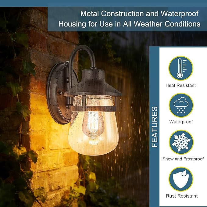 Classic Updated Dusk-to-Dawn Outdoor Light. Outside Exterior Porch Wall Light Fixture in Textured Black. Anti-Rust and Waterproof Wall-Mounted Lantern. Outside Light for House Front Door.