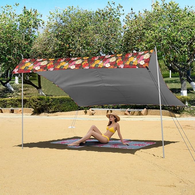 ALAZA Colorful Rose Flower Floral Painting Beach Tent Sun Shelter UPF50+ Protection Beach Shade Canopy w/ 4 Sandbags for Outdoor Camping Fishing Backyard Fun Picnic 10x9 ft