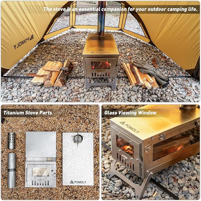 POMOLY Chalet 70 Pro Camping Hot Tent Cabin Tent and UltraFold Mini 0.6 Titanium Wood Stove