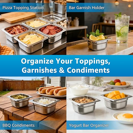 1/6 Size Commercial Hotel Pans 4 Deep (6 Pack) 0.7mm Stainless Steel Steam Table Pans with Lids Deep Food Storage Containers for Prep Stations Condiments &amp Multi-Use Anti-Jam Lug