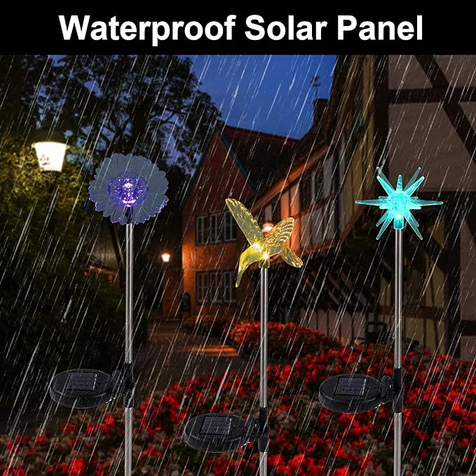 Glintoper 6 Pack Solar Garden Stake Lights Outdoor Solar Butterfly Figurine Lights Multi-Color Changing LED Landscape Lighting Sparkling Star Flower Hummingbird Dragonfly Bee for Patio Yard Pathway