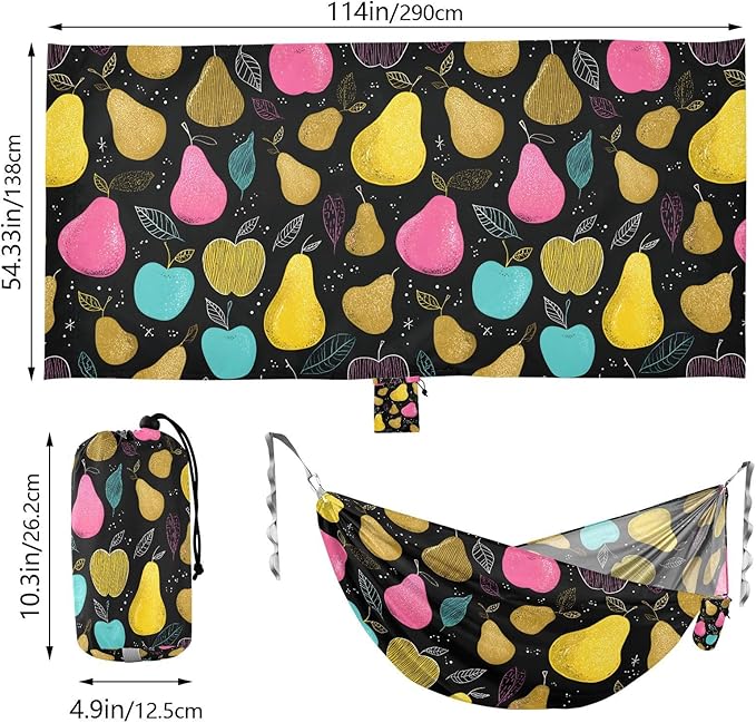 susiyo Portable Camping Hammock Apple Pear Printed Lightweight Hammock Comfortable Travel Swing with Tree Straps for Camping Hiking Backpacking Travel or Beach - Up to 330lbs
