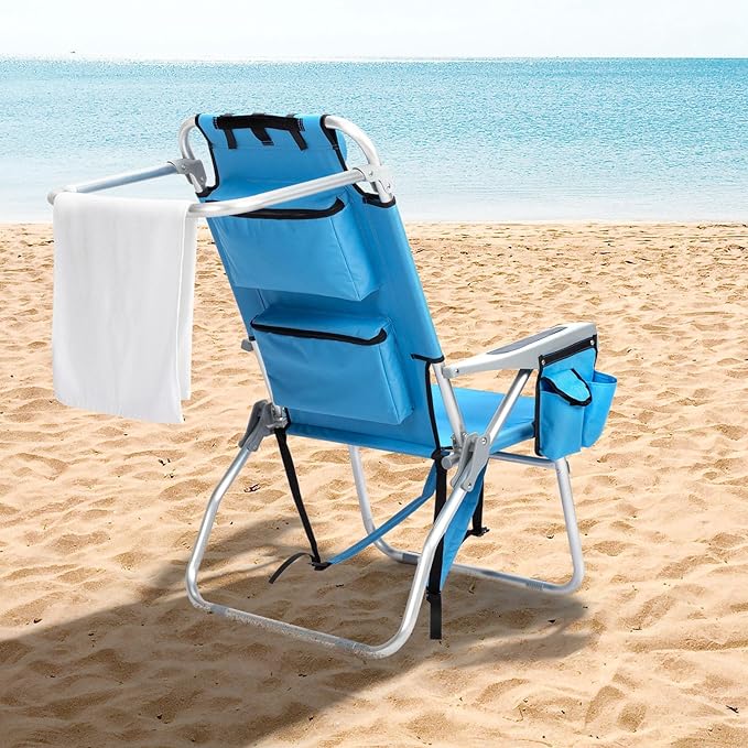 Tall Folding Backpack Beach Chair with Towel Bar5 Adjustable PositionsTowel bar Cooler and Storage Pouch Cup Holder and Phone HolderCamping Chairs for AdultsAluminumSupports 220 lbs Blue