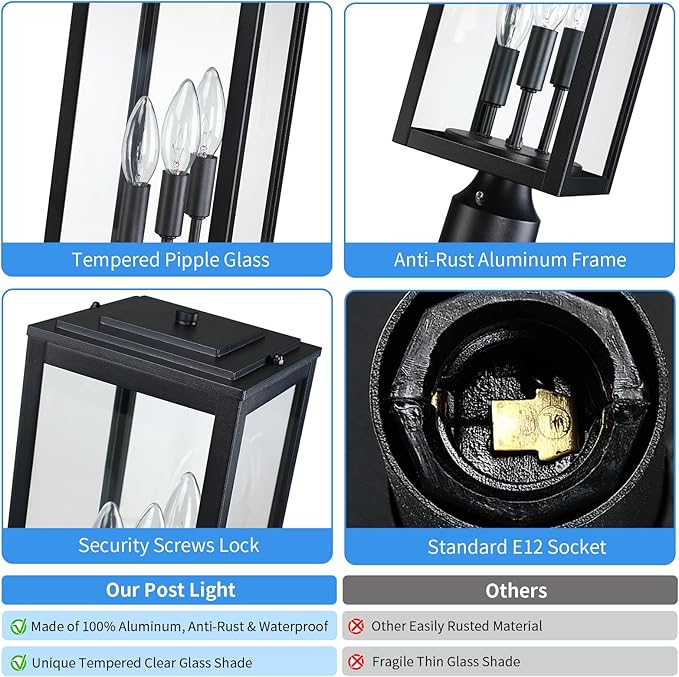 16.6'' Dusk to Dawn Post Light Outdoor Large 3-Light Lamp Post Light Fixture Modern Pillar Outside Lighting Waterproof Post Lantern Pole Lights for Porch 1 Pack (Not Include Mounting Base)