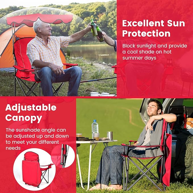 KOTEK Camping Chair with Canopy Portable Canopy Chair with Shade Cup Holder &amp Carry Bag Outdoor Folding Chairs for Sports Events Fishing Beach Picnic Hiking Travel (Red)
