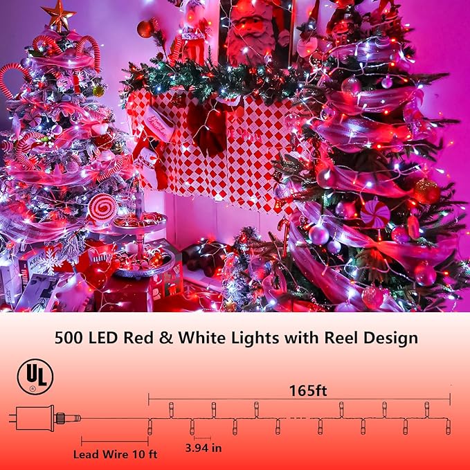 YEGUO 165ft 500 LED Red and White Christmas Lights Outdoor Waterproof Clear Wire String Lights Indoor Plug in 8 Modes Clear Wire Twinkle Tree Light for Xmas Party Garden