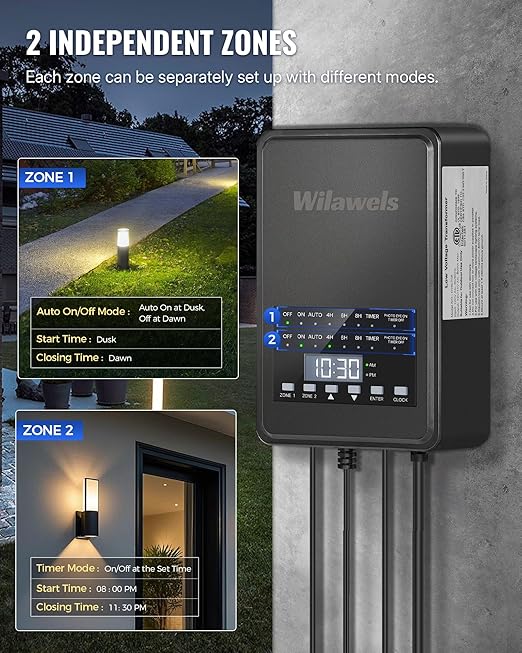 500W Low Voltage Landscape Transformer 2 Zone Independent Control 120VAC to 12/14V AC Low Voltage Transformer Landscape Lighting Transformer with Timer &amp Photocell Sensor ETL Listed D29LT06