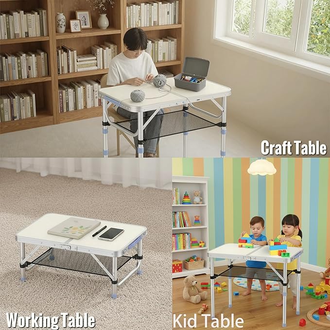 Small Folding Table Portable 2ft Camping Pinic Table with 3 Adjustable Height Aluminum Foldable Lightweight Patio Side Table with Carry Handle for Outdoor Indoor Hiking Camp BBQ Beach (White)