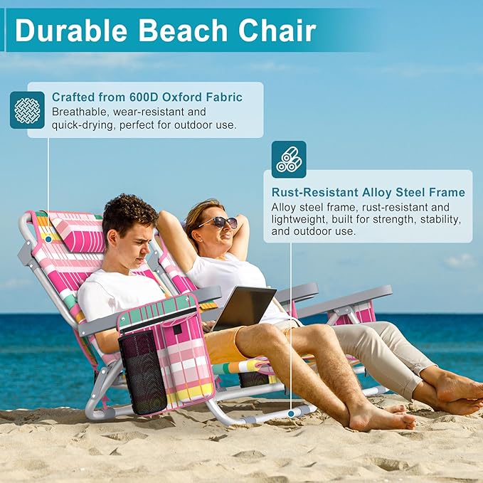 Suteck Beach Chair Adjustable 5-Position Backpack Beach Chairs for Adults Kids Foldable Lay Flat Chair with Cooler Bag Cup Holder and Lumbar Pillow Reclining Lay Down Chairs for Lawn Outdoor