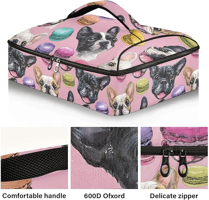 Casserole Carrier Pattern Bulldog FacesInsulated Casserole Carrier for Hot or Cold Food Thermal Lunch Tote for Potluck Parties Picnic Beach Fits 9 x 13 Inches Baking Dish