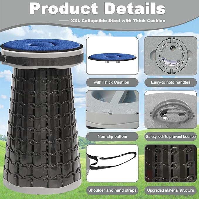 ALEVMOOM 2026 Upgraded XXL 19.7 Collapsible Stool with Cushion 1000lbs Max Weight Heavy Duty Portable Telescoping Stool Retractable Seat Folding Chair for Camping Fishing Hiking(Grey-XXL)