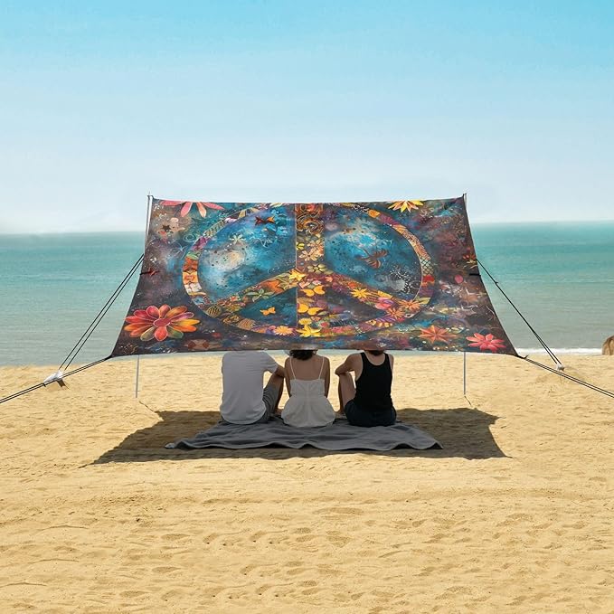 ALAZA Colorful Peace Sign Flower Beach Tent Sun Shelter UPF50+ Protection Beach Shade Canopy w/ 4 Sandbags for Outdoor Camping Fishing Backyard Fun Picnic 10x9 ft