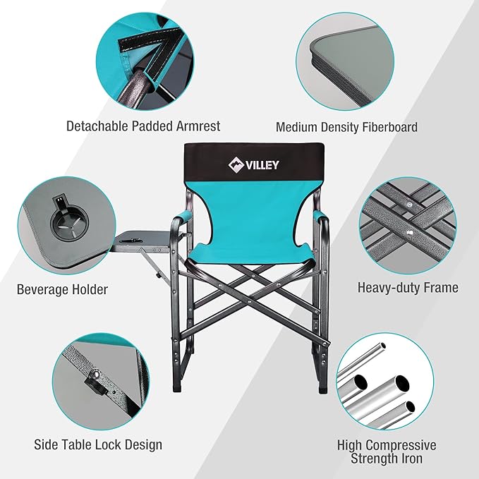 VILLEY Heavy Duty Directors Chair Folding Camping Chairs Portable Foldable Chair for Camp Tailgating Lawn Picnic Fishing Beach Supports 350 LBS Blue