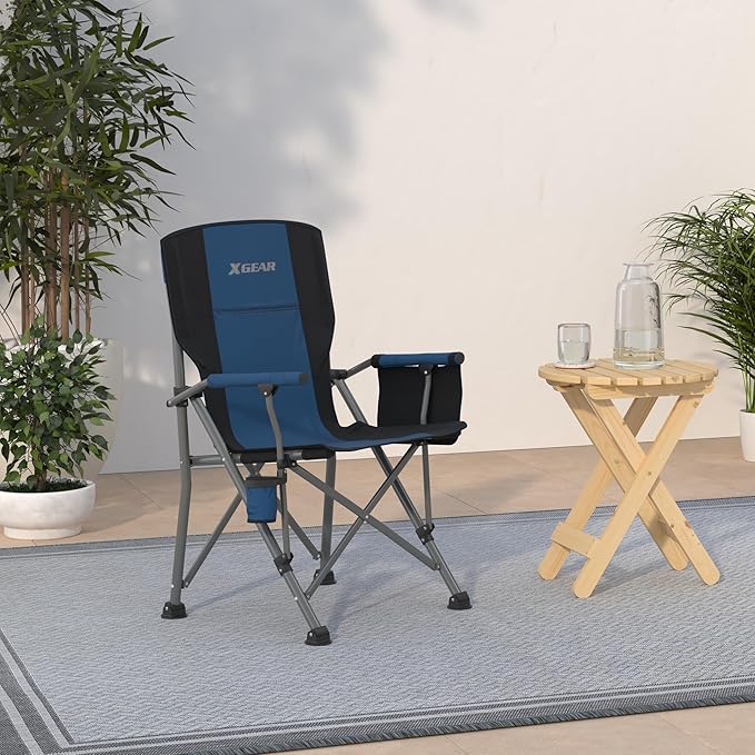 XGEAR Camping Chair with Padded Hard Armrest Sturdy Folding Camp Chair with Cup Holder Storage Pockets Carry Bag Included Support to 400 lbs