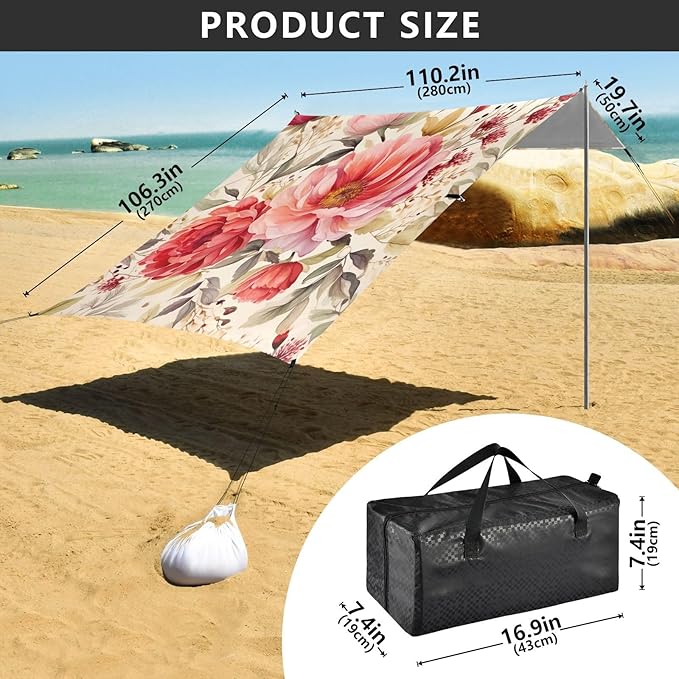 Red and Pink Flowers Beach Tent Sun Shelter 9.2' x 10.5' Beach Canopy with 4 Sandbags 4 Stability Poles Sand Shovels - Tent Canopy for Beach Camping Fishing Picnics