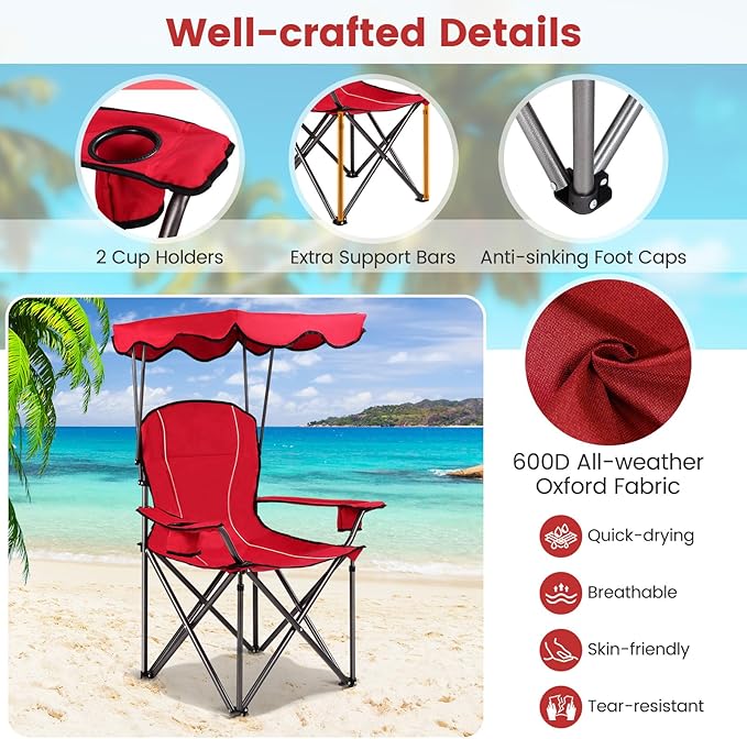Goplus Camping Chair with Canopy Shade Folding Lawn Chair with Umbrella Cup Holder &amp Carry Bag Portable Sunshade Chair for Adults for Beach Outdoor Travel Hiking Fishing (Red)