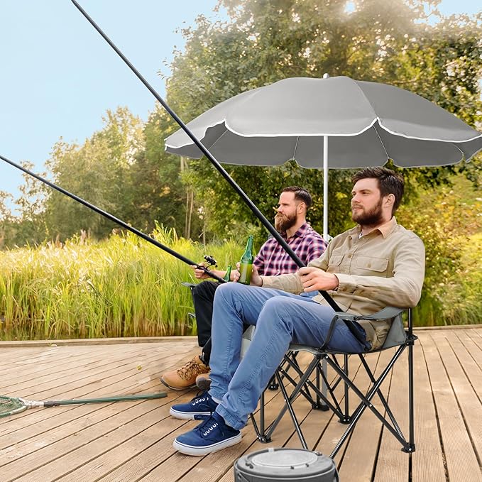 Double Camping Chair with Removable UmbrellaFolding Two-Person Seat Beach Chairs with Cup Holder Cooler BagFolding Camping Loveseat Chairs for Sports Lawn Patio Outside (Grey)