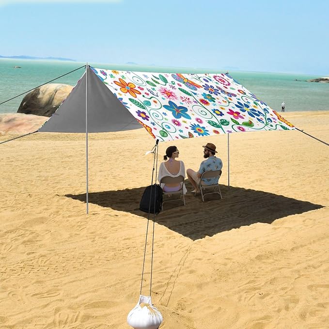 Colorful Butterfly Beach Tent Sun Shelter 9.2' x 10.5' Beach Canopy with 4 Sandbags 4 Stability Poles Sand Shovels - Tent Canopy for Beach Camping Fishing Picnics
