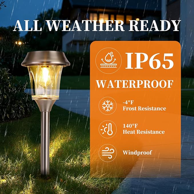 Solar Pathway Lights Outdoor 4 Pack Stainless Steel &amp Glass Solar Garden Lights Auto Dusk to Dawn IP65 Waterproof LED Path Lights for Yard Lawn Walkway Driveway