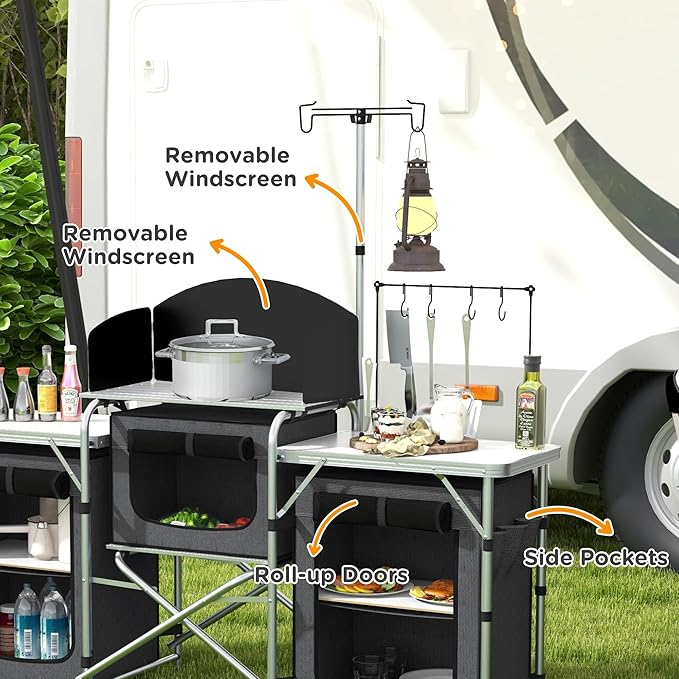 Outsunny Camping Kitchen Table Portable Folding Camp Kitchen Aluminum Cook Station with 3 Fabric Cupboards Windshield Carrying Bag for BBQ RV Picnic Black