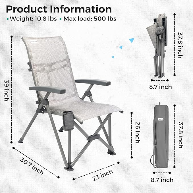 SUNNYFEEL Folding Camping Chair Outdoor Reclining Adjustable 3 Position Heavy Duty Adults 500 LBS Capacity with Hard Armrests &amp Cup Holder Blue Ergonomic Chairs for Outdoor Camp Beach Travel