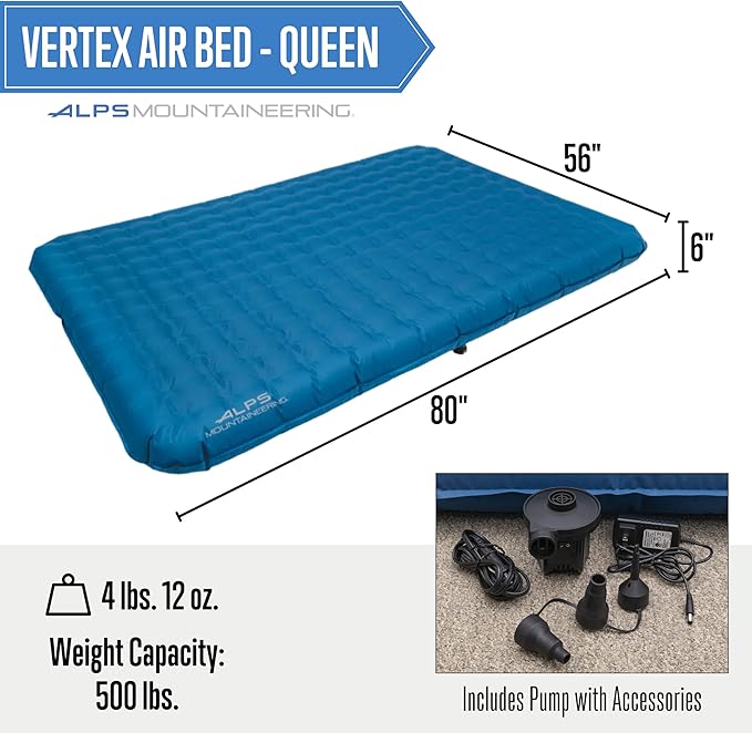 ALPS Mountaineering Vertex Air Bed Twin or Queen Inflatable Mattress Versatile Pump Included