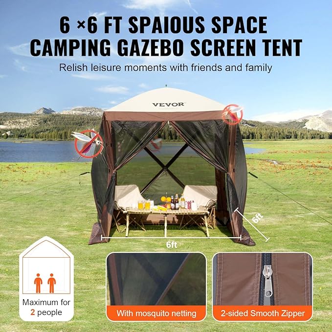 VEVOR Pop Up Gazebo Tent Pop-Up Screen Tent 4 Sided Canopy Sun Shelter with 4 Removable Privacy Wind Cloths &amp Mesh Windows 6x6FT Quick Set Screen Tent with Mosquito Netting Brown