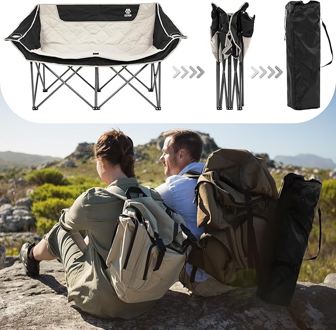 Elevon Camping Chair Oversized Loveseat Double 2 Person Outdoor Chair with Arms Cup Holder and Carry Bag Heavy-Duty Collapsible Chair for OutsideBlack/White