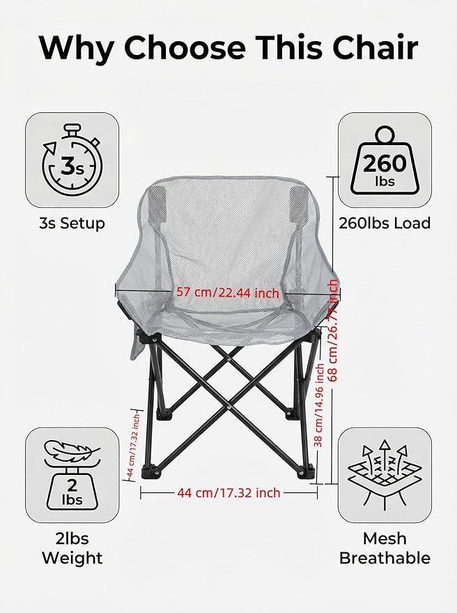 Breathable Outdoor Folding Chair Portable Ultra-Light Fishing Stool Beach Camping Moon Chair Armchair Art Sketch Chair (Mesh Silver Sand ash)