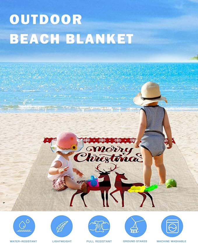 Beach Blanket Waterproof Sandproof OversizedMerry Christmas Elk Red Buffalo Plaid Beach Mat with Corner Stakes Sand PocketsWinter Snowflake Cute Animal Outdoor Picnic Mat for Travel 95x80In