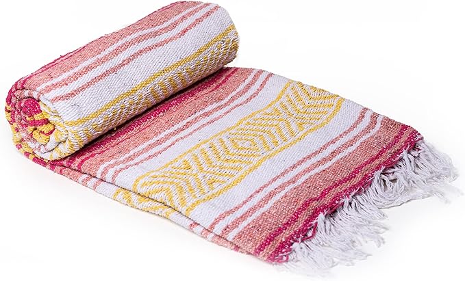 La Montana Mexican Blankets and Throws 4 Pack 74x50 - Made in Mexico Lightweight Yoga Blanket for Schools Studios Outdoors Camping Picnic Decor - Machine Washable Coral/Melon/Yellow/White