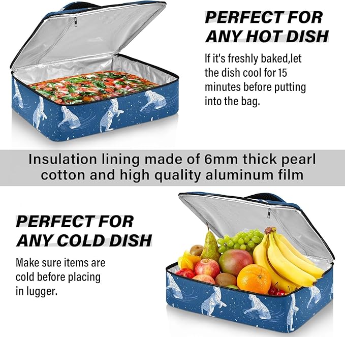Casserole Carrier Pattern White Blue LeopardsInsulated Casserole Carrier for Hot or Cold Food Thermal Lunch Tote for Potluck Parties Picnic Beach Fits 9 x 13 Inches Baking Dish
