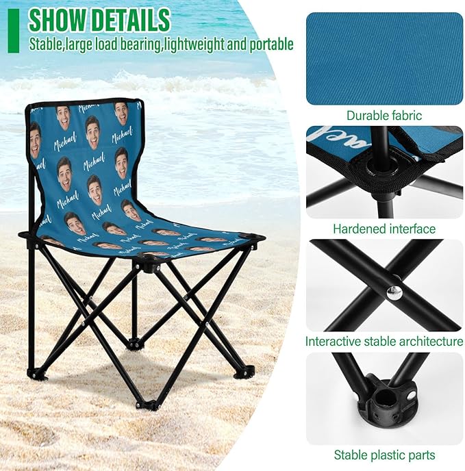 Sinestour Ice Blue Custom Photo Folding Camping Chair for Teen Child Personalized Name 14.6×14.6in Portable Outdoor Chair with Carry Bag for Beach Picnic Travel
